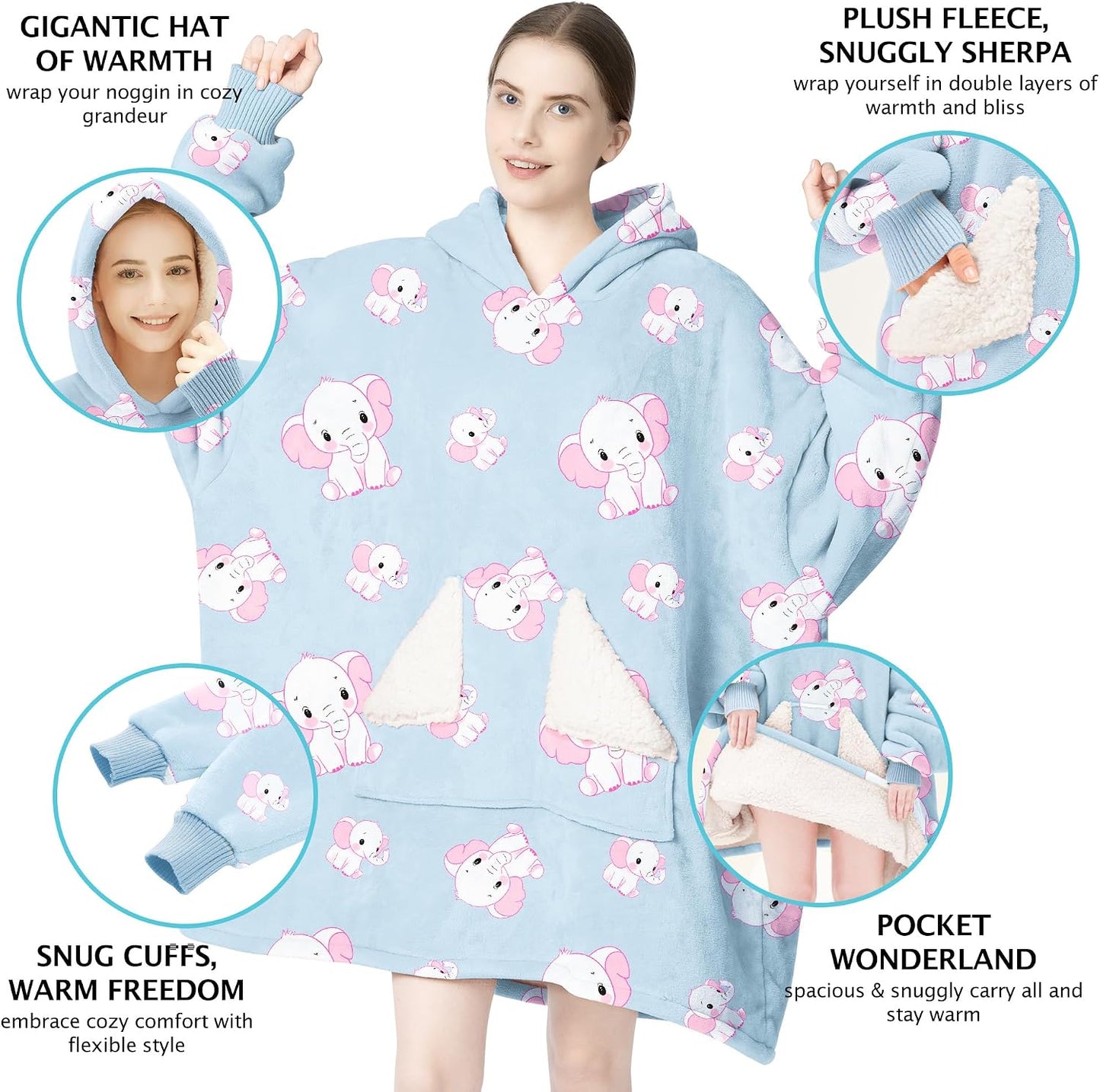 Touchat Wearable Blanket Hoodie, Oversized Sherpa Blanket Sweatshirt with Hood Pocket and Sleeves, Super Soft Warm Plush Hooded Blanket for Adult Women Men, One Size Fits All (Pink)