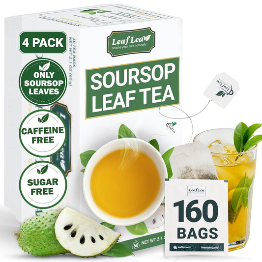 LeafLea 160 Premium Soursop Tea Bags, Natural & Pure Soursop Graviola Tea Leave, Hoja Guanabana Leaf Herbal Tea Bags Variety Pack of 4, Digestive Support, Nutrient-Rich, Vegan, Sugar/Caffeine Free