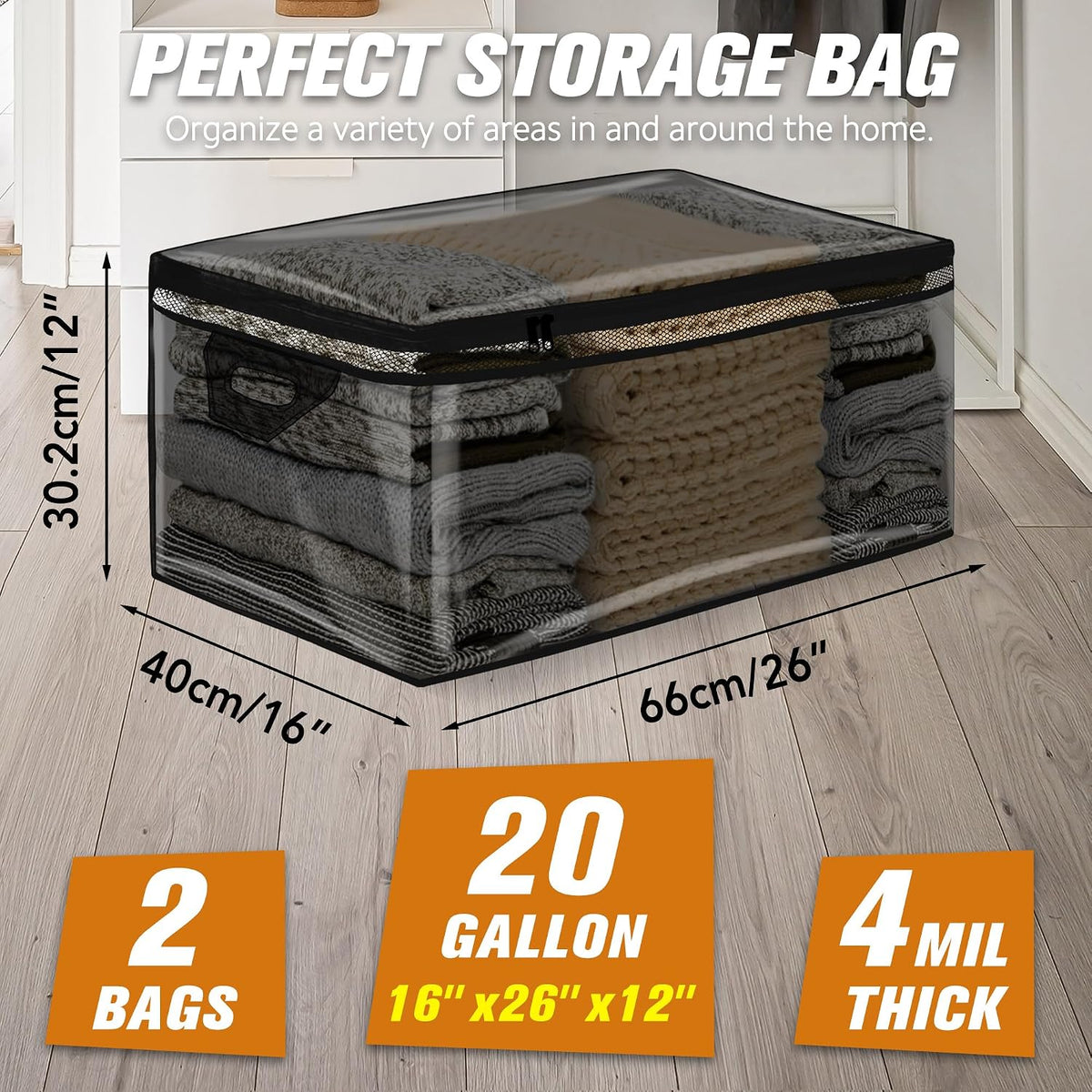 HIBAG 20 Gallon Large Storage Bag for Clothes, Zipper Clothing Storage Bag, Clear Organizer with Reinforced Handles, for Comforters Blankets Pillows Bedding