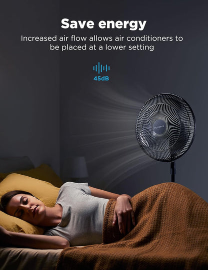 PELONIS 16 inch Pedestal Fan for Bedroom , Oscillating Fan, 3-Speeds, 90° Oscillation, Adjustable Height, Floor Fan, Standing Fan for Living Room, Kitchen, and Home office, Black