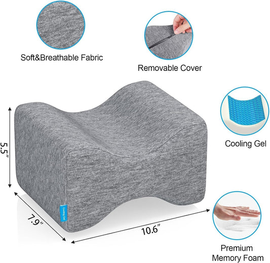 Knee Pillow for Side Sleepers, Leg Pillow with Cooling Gel, Grey/Large