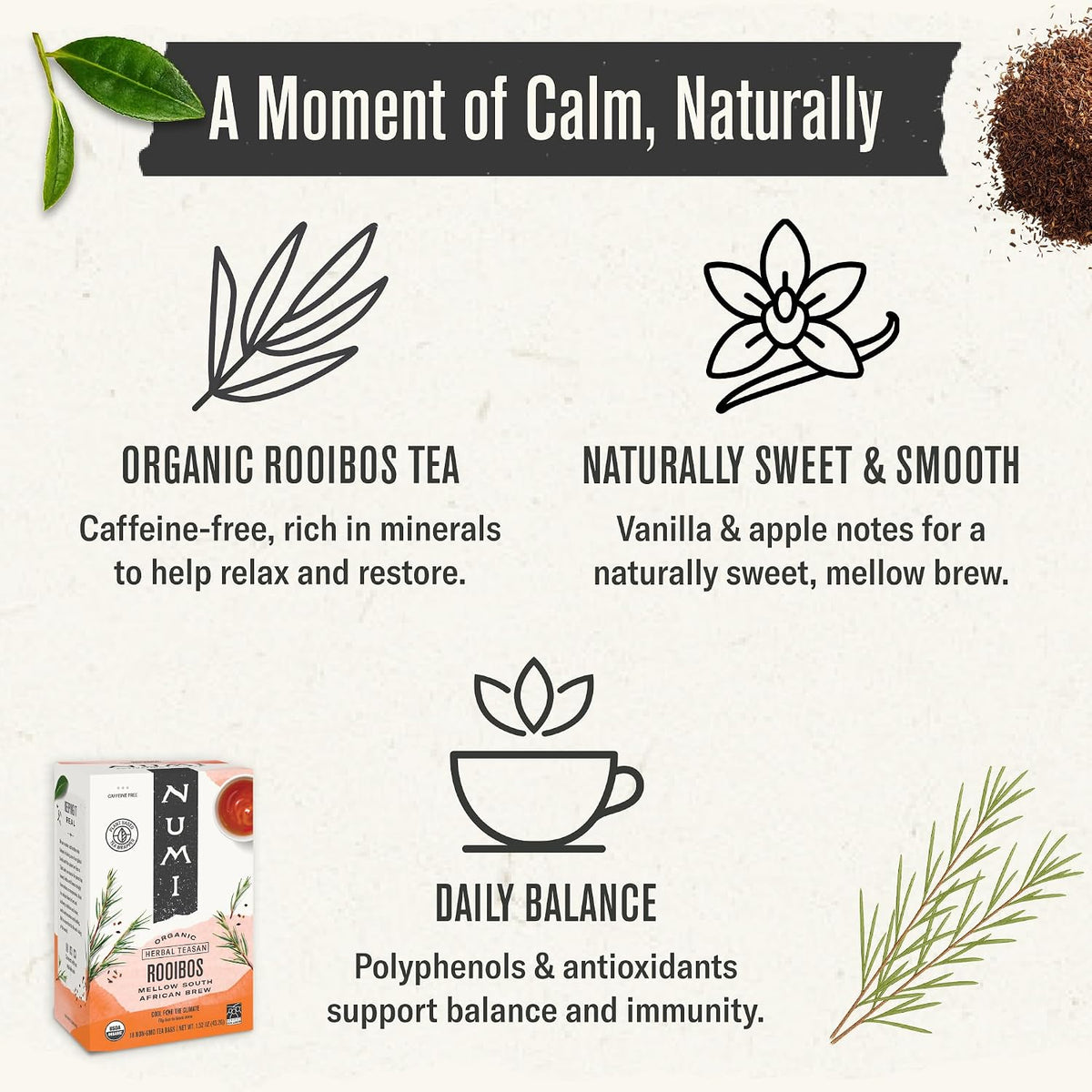 Numi Organic Rooibos Tea, 18 Herbal Tea Bags, Caffeine Free