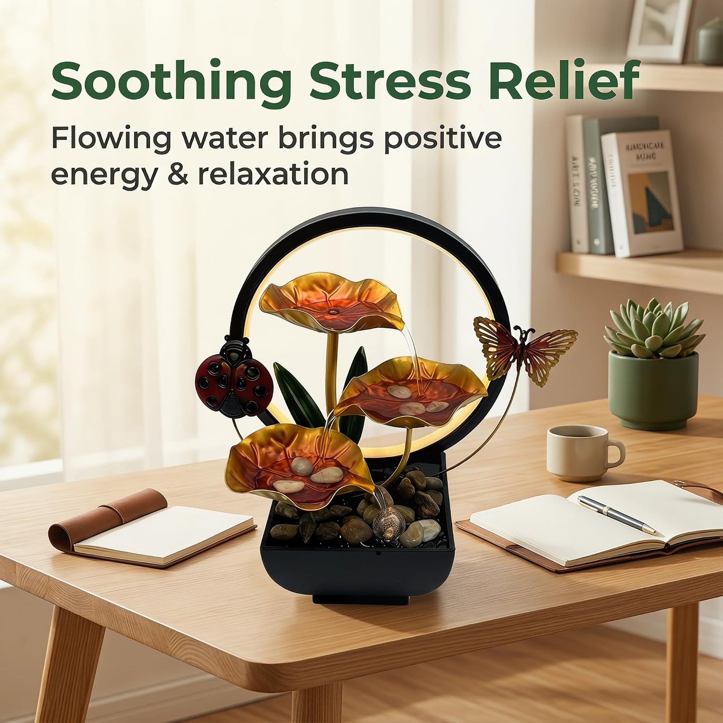 Tabletop Fountain,Indoor Water Fountain,Home Fengshui Décor Zen Relaxation Soothing Sound Machine for Office,Living Room,or Bedroom,Green Lotus,Hummingbird & Pink Flower,9.1inch