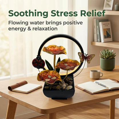 Tabletop Fountain,Indoor Water Fountain,Home Fengshui Décor Zen Relaxation Soothing Sound Machine for Office,Living Room,or Bedroom,Green Lotus,Hummingbird & Pink Flower,9.1inch