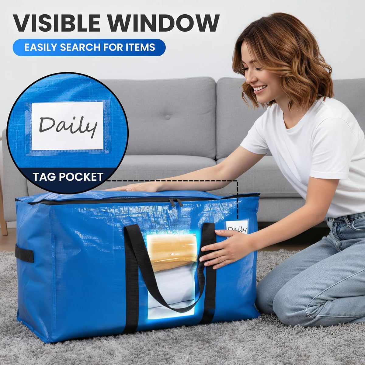 TAILI Blue Extra Large Moving Bags,Storage Bags with Visible Window