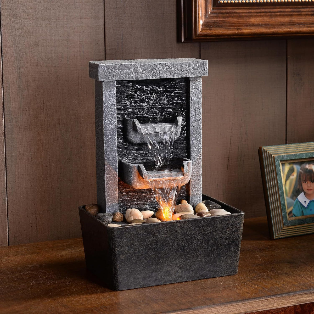 GOSSI Indoor Waterfall Fountain, 10.3" Tabletop Water Fountain with LED Lights & River Rocks, Relaxing Home Office Decor