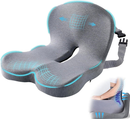 Car Seat Cushion, Memory Foam Driving Cushion with Adjustable Strap, Ergonomic Pad for Car & Semi Truck, Office Chair Cushion for Sciatica & Lower Back Pain Relief, Dark Gray