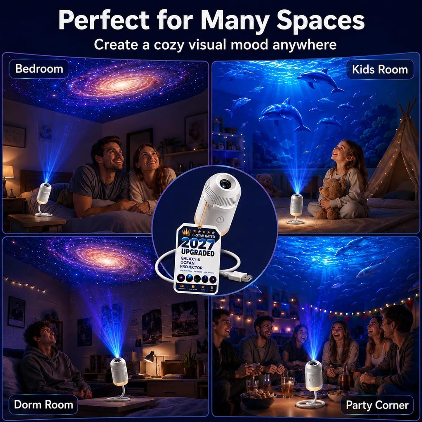 2027 New Hd Smart Dynamic 5d Holographic Night Light Projector, Plug and Play Hd Star Projector, 360° Adjustable Hd Galaxy and Ocean Projector for Bedroom Ceiling (24 Projection Films)