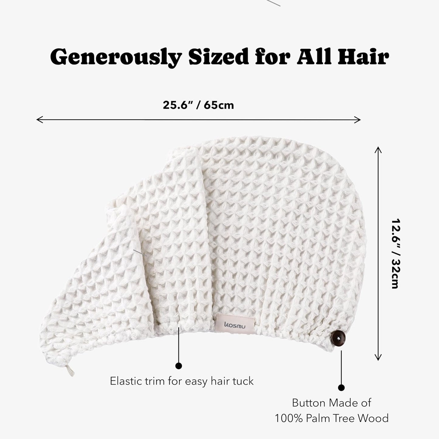 Luxury Organic Japanese Cotton Hair Drying Waffle Towel Wrap for Women | Absorbent, Quick-Dry Head Turban for Shower, Sauna, Spa | Extra Large for Long, Curly, Straight Hair With Button (White, 1 Pc)