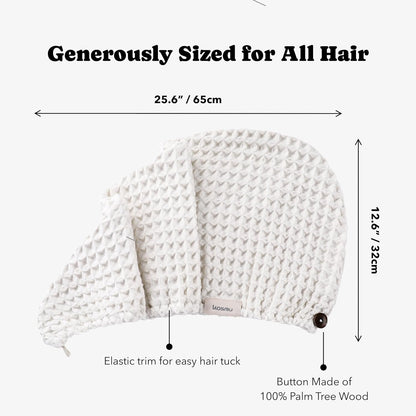 Luxury Organic Japanese Cotton Hair Drying Waffle Towel Wrap for Women | Absorbent, Quick-Dry Head Turban for Shower, Sauna, Spa | Extra Large for Long, Curly, Straight Hair With Button (White, 1 Pc)