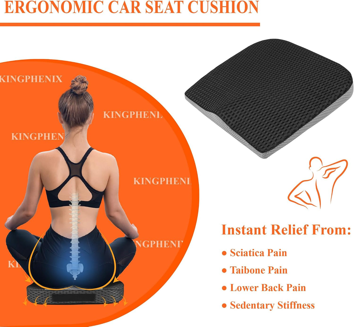 kingphenix Premium Car Seat Cushion, Memory Foam Driver Seat Cushion to Improve Driving View- Coccyx & Lower Back Pain Relief - Seat Cushion for Car, Truck, Office Chair (Leather Black)
