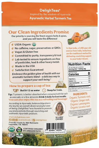 DelighTeas Ayurvedic Herbal Turmeric Tea Bags for Mobility Support | Eco-friendly Compostable Pyramid | Organic Turmeric, Ginger, Lemongrass & Licorice | Caffeine-Free, Kosher | 30 Tea Bags 4g Each