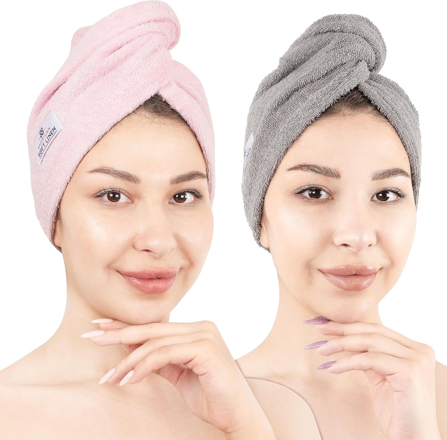 American Soft Linen 100% Cotton Hair Towels for Women, Head Towel Cap, Cotton Hair Turban Towel Wrap for Long Curly Anti Frizz Hair, Soft and Absorbent Cotton Hair Towels 2 Pack, White