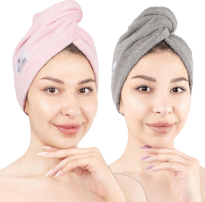 American Soft Linen 100% Cotton Hair Towels for Women, Head Towel Cap, Cotton Hair Turban Towel Wrap for Long Curly Anti Frizz Hair, Soft and Absorbent Cotton Hair Towels 2 Pack, White