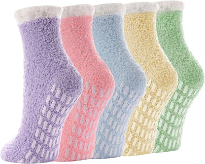 5 Pairs Fuzzy Socks with Grips for Women, Non Slip Cozy Fluffy Soft Socks, Winter Sleep Slipper Hospital