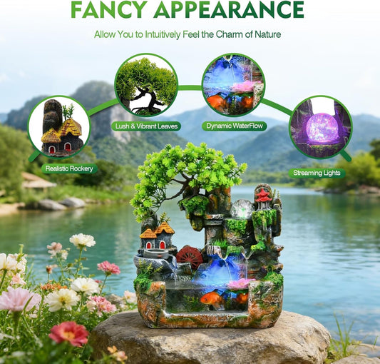 Upgraded Resin Tabletop Waterfall Fountain with LED Mist & DIY Rockery Landscape, Relaxing Desktop Water Fountain for Office, Bedroom & Home Décor, Quiet Indoor Water Feature
