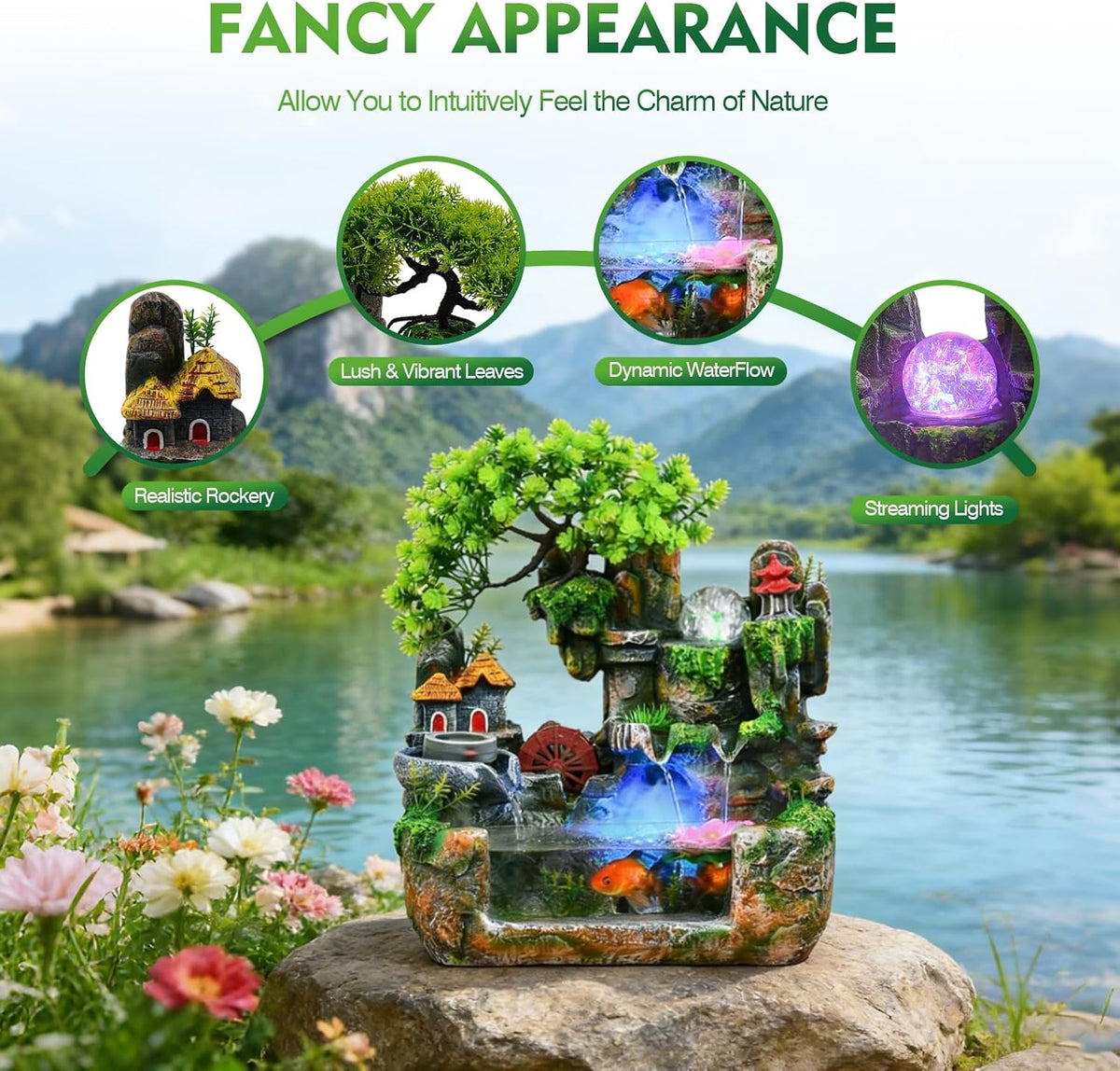Upgraded Resin Tabletop Waterfall Fountain with LED Mist & DIY Rockery Landscape, Relaxing Desktop Water Fountain for Office, Bedroom & Home Décor, Quiet Indoor Water Feature