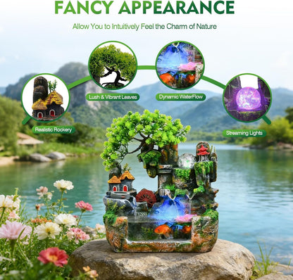 Upgraded Resin Tabletop Waterfall Fountain with LED Mist & DIY Rockery Landscape, Relaxing Desktop Water Fountain for Office, Bedroom & Home Décor, Quiet Indoor Water Feature