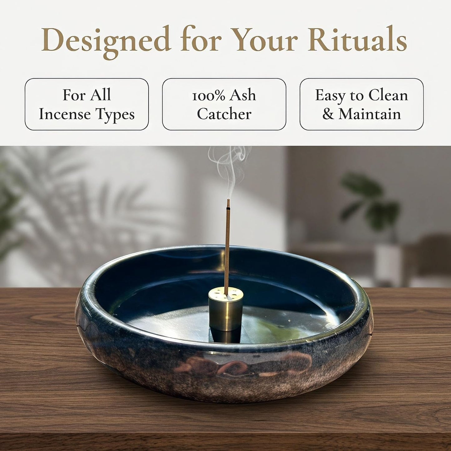 6 Inch Incense Holder with Ash Catcher,Handmade Crack Blue Glaze Ceramic Incense Burner Bowl with 9-Hole Design for Sticks,Cones,Coils Sage,Palo Santo - Perfect for Meditation,Yoga & Zen Home Décor
