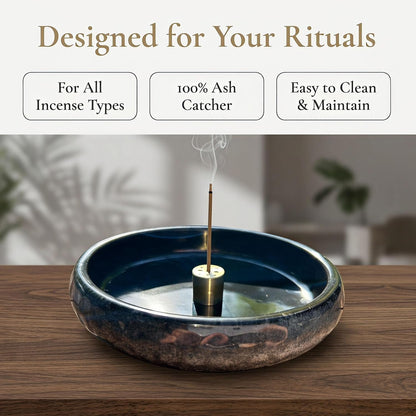 6 Inch Incense Holder with Ash Catcher,Handmade Crack Blue Glaze Ceramic Incense Burner Bowl with 9-Hole Design for Sticks,Cones,Coils Sage,Palo Santo - Perfect for Meditation,Yoga & Zen Home Décor
