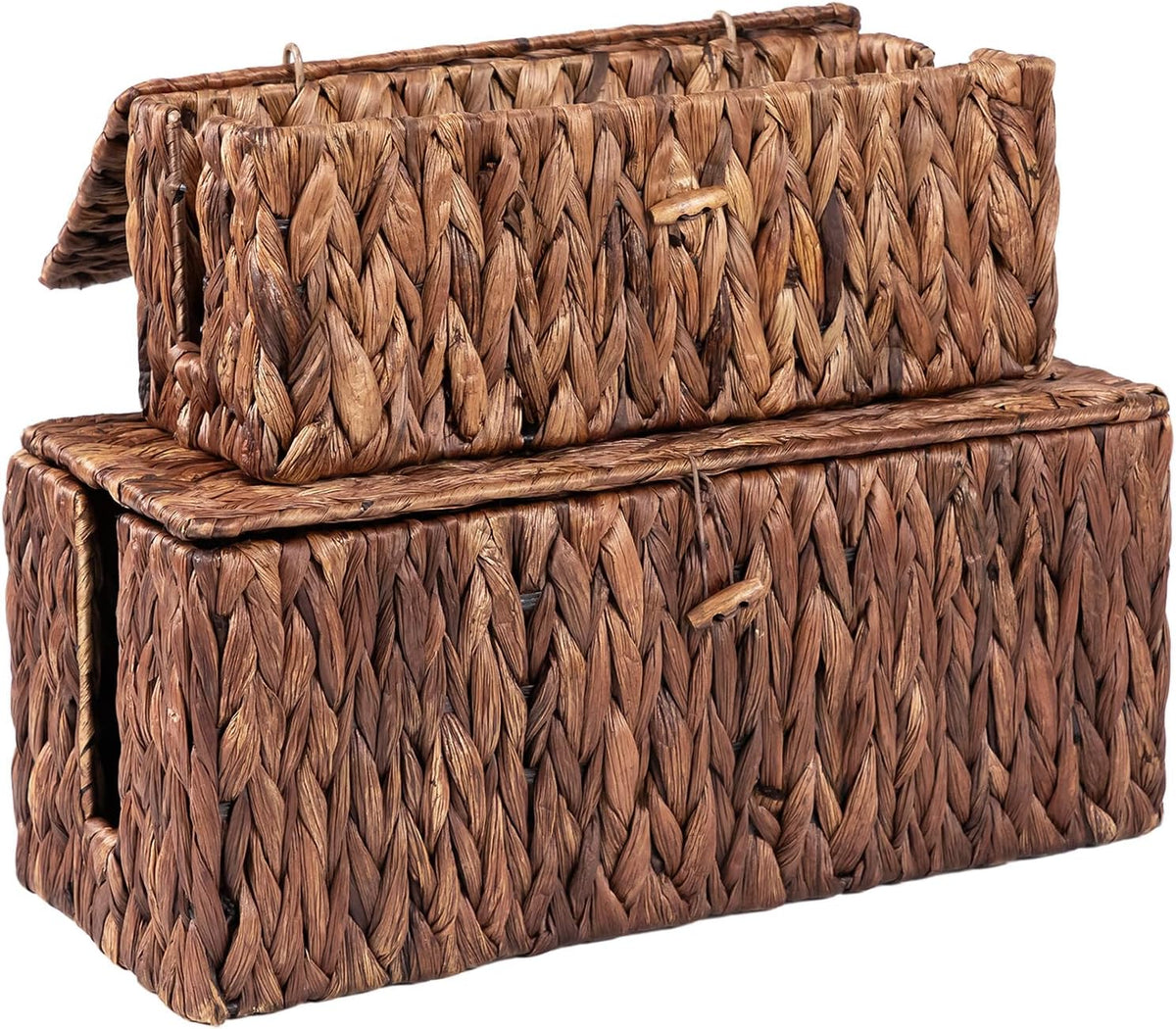 Posprica Cable Management Box with Lid, 2Pack Handwoven Real Water Hyacinth Cord Hider Organizer Boxes, 2 Side Open Slots Storage Box to Hide Cords Power Strip for Desk, Floor, Office