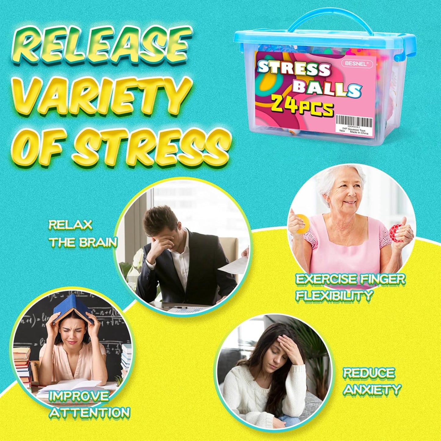 36 Pack Stress Balls, Squishy Balls, Squishy Fidget Stress Relief, Squeeze Ball for Adults Stress Relieve, Prize Box for Friends, Party Favors