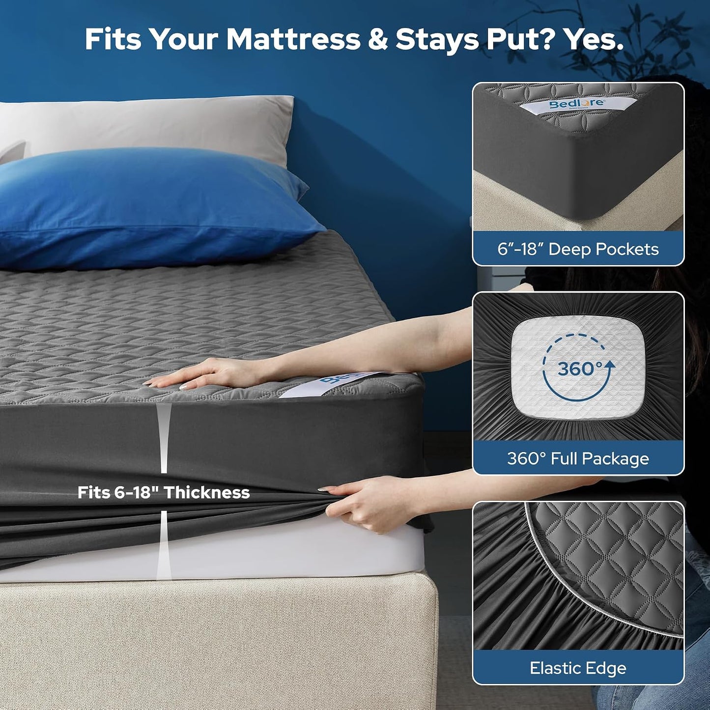 BEDLORE Waterproof Mattress Protector, Noiseless King Size Mattress Pad with Deep Pocket Fitted Up to 6-18 inches, Soft Breathable Dirt-Proof Bed Mattress Cover Washable for Bedroom, Hotel (Gray)