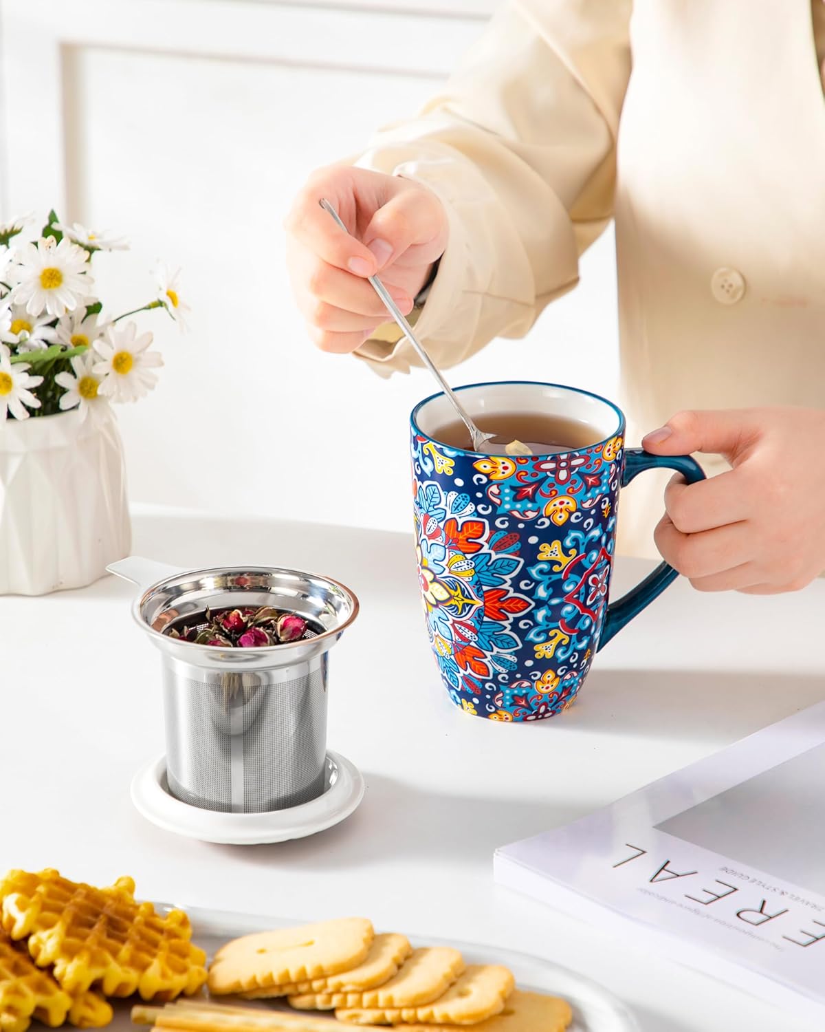 vancasso Ceramic Tea Mug with Infuser and Lid, 18 Ounce Bohemian Loose Leaf Cup, Microwave & Dishwasher Safe, Perfect for Tea, Coffee, Burnt-Cobalt Mandala