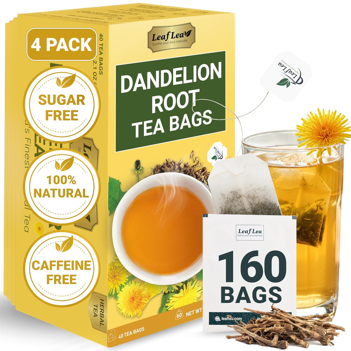 LeafLea Dandelion Root Tea Bags, 160 Dandelion Tea Bags, Natural Dried Dandelion Root, Caffeine-Free, Vegan, Gluten-Free, No Sugar, Sealed for Fresh Flavor, 4 Pack