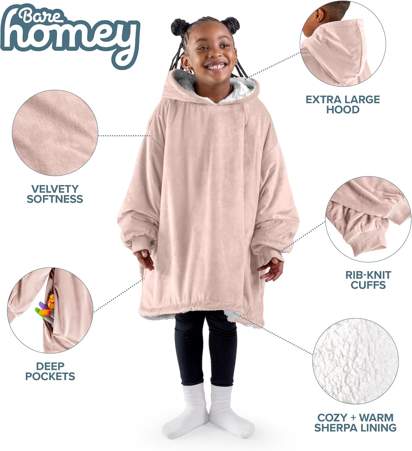 Bare Home Wearable Blanket Hoodie - Soft Plush Sherpa - Warm and Cozy - Oversized Wearable Blanket