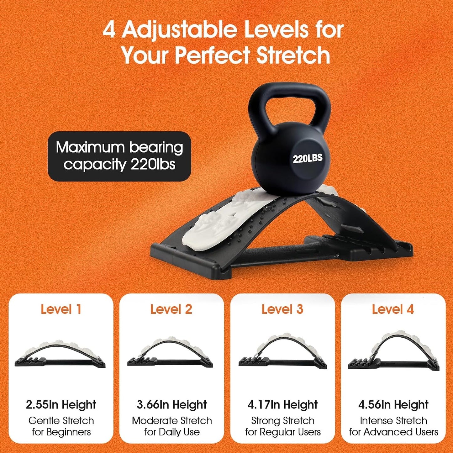 Premium Back Stretcher for Lower Back Pain Relief – 4-Level Adjustable Lumbar Support Board with Soft EVA Massage Strip – Durable & Portable Back Cracker to Release Tension and Reset Your Day (Black)