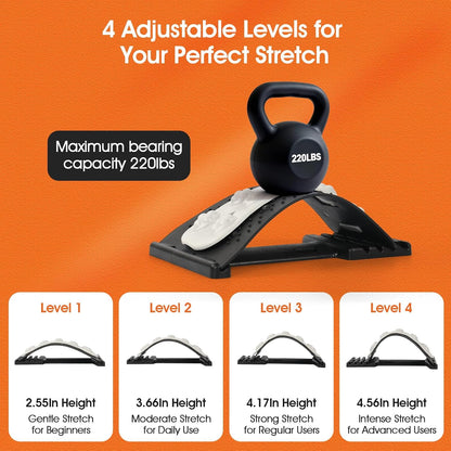 Premium Back Stretcher for Lower Back Pain Relief – 4-Level Adjustable Lumbar Support Board with Soft EVA Massage Strip – Durable & Portable Back Cracker to Release Tension and Reset Your Day (Black)