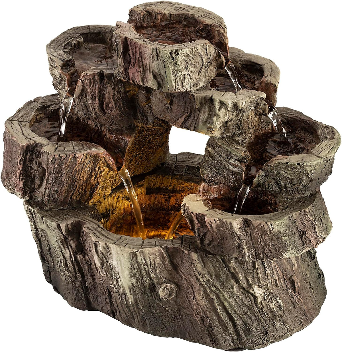 Alpine Corporation | 14"H Indoor Tiered Log Tabletop Fountain with LED Lights — Cascading Waterfall Design Creates Relaxing Ambiance for Home & Office Décor
