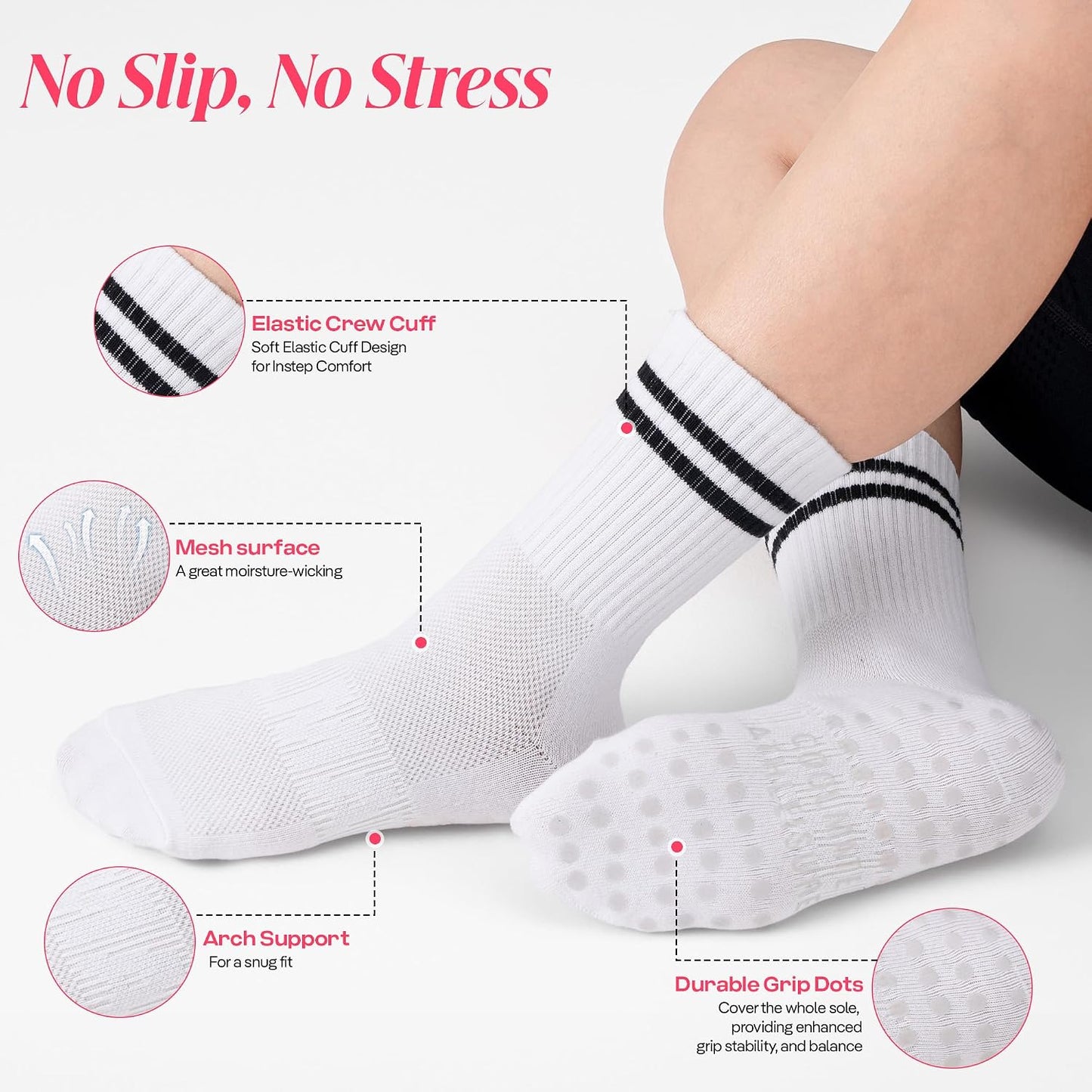 COOLMATE Pilates Socks with Grips for Women, Yoga Socks, Crew Non Slip Women for Barre, Pilates Gifts for Women - Colors A
