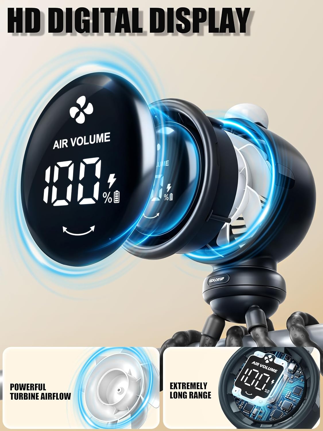 Portable Stroller Fan with 135° Auto Oscillation, 3-Color LED Night Light