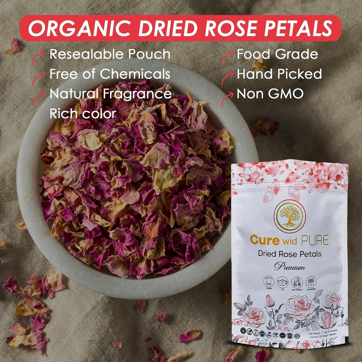 Cure wid Pure Organic Dried Rose Petals 4oz - Food Grade Edible Rose Petals