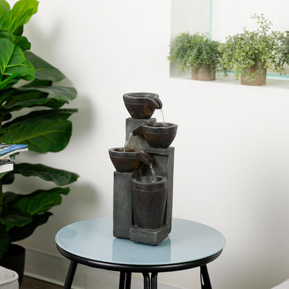 Alpine Corporatio 14" Tall Stoned Jar Cascading Water Fountain with LED Lights, Elegant Tabletop Water Feature for Home, Office, Living Room, and Bedroom Decor, Gray