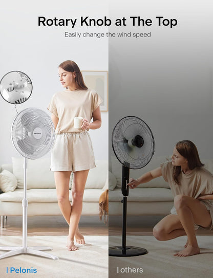 PELONIS 16 inch Pedestal Fan for Bedroom , Oscillating Fan, 3-Speeds, 90° Oscillation, Adjustable Height, Floor Fan, Standing Fan for Living Room, Kitchen, and Home office, Black