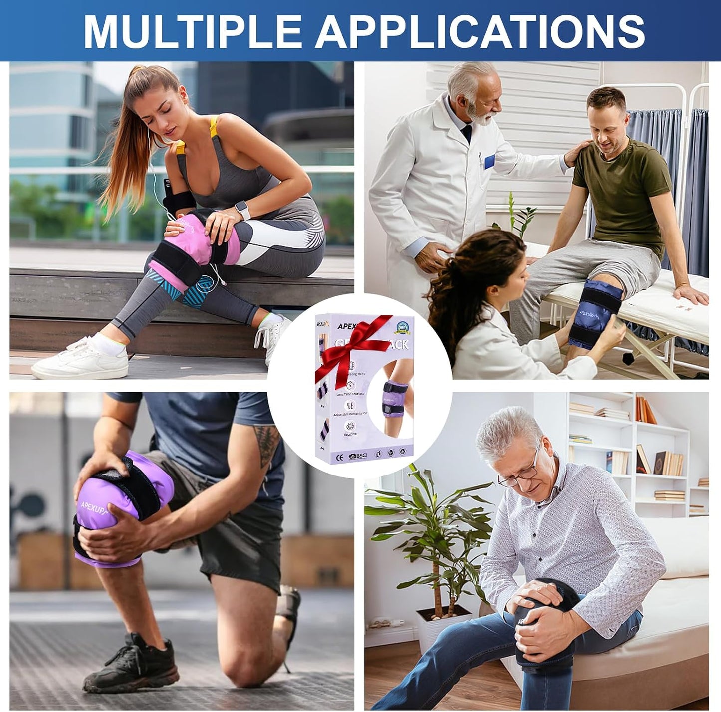 APEXUP Ice Pack for Knee Pain Relief, Large Reusable Wrap After Surgery, Flexible Gel Cold Pack for Injuries, Pain Relief for Back, Shoulder, Elbow, Ankle and Leg (Blue, L, 1PK)
