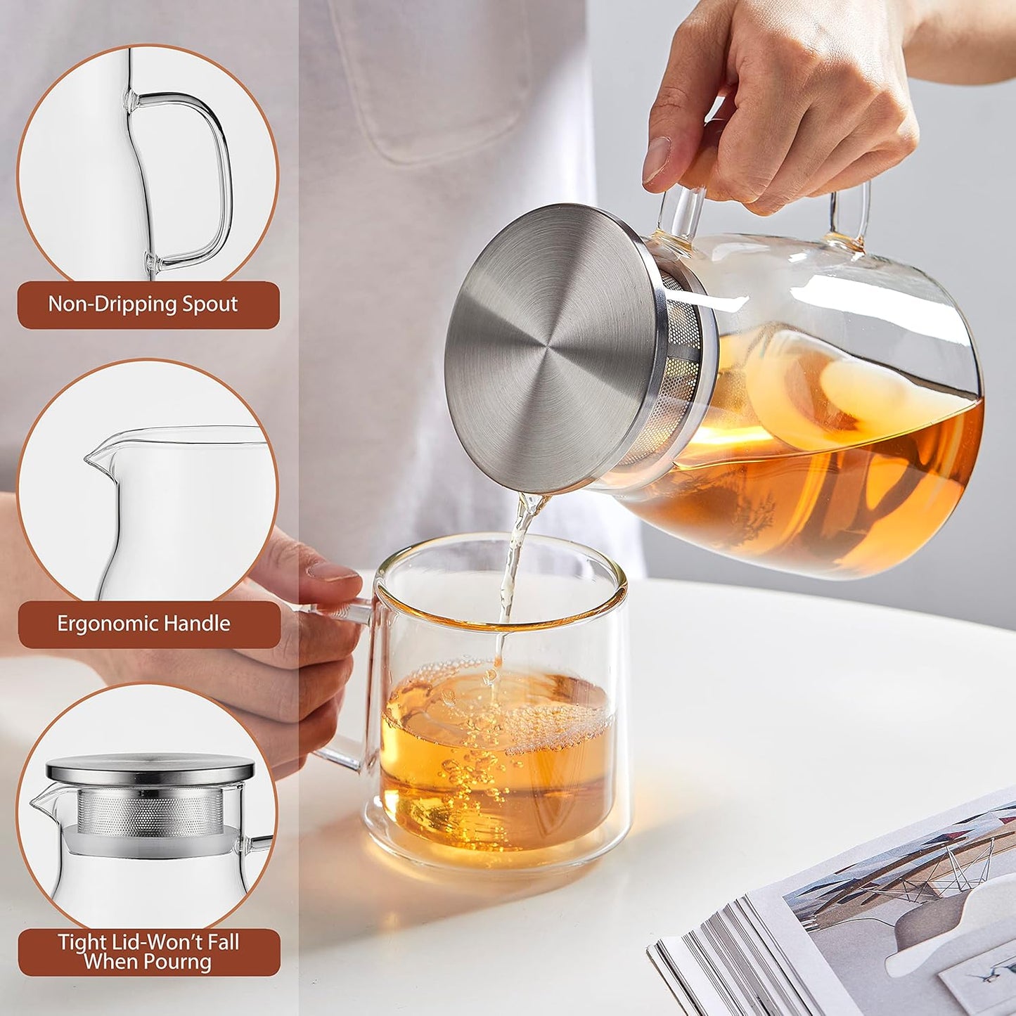 CNGLASS One-Touch Glass Teapot with Stainless Steel Filter Lid,20oz(600ml) Glear Tea Kettle Stovetop Safe,Borosilicate Glass Tea Pots for Loose Leaf Tea