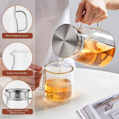 CNGLASS One-Touch Glass Teapot with Stainless Steel Filter Lid,20oz(600ml) Glear Tea Kettle Stovetop Safe,Borosilicate Glass Tea Pots for Loose Leaf Tea