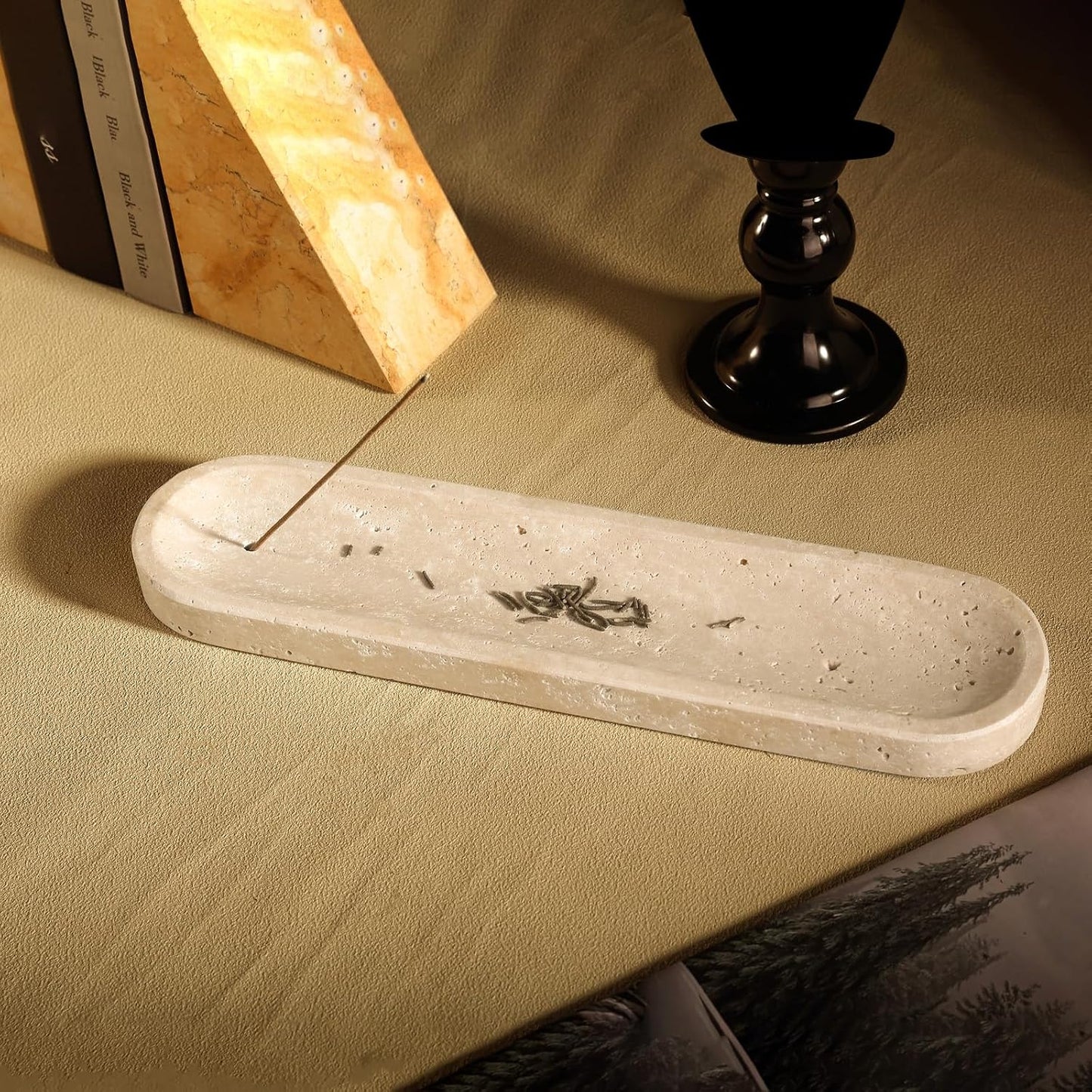 Koville Natural Marble Incense Holder, Incense Holder for Sticks with 9 Holes, Handmade Incense Burner Ash Catcher for Meditation Yoga SPA, Balsam Fir/Palo Santo/Sage/Cone (White)