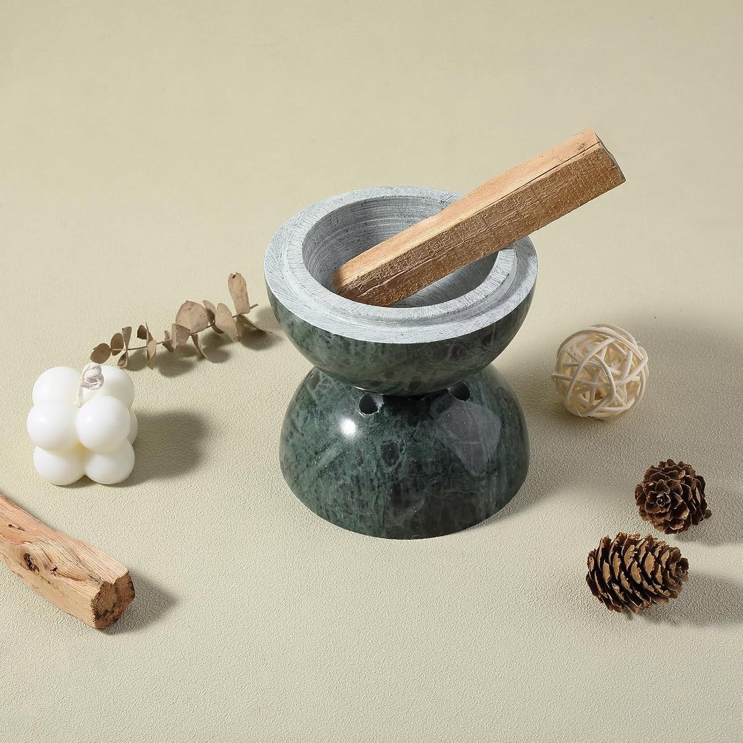 Koville Natural Marble Incense Holder, Incense Holder for Sticks with 9 Holes, Handmade Incense Burner Ash Catcher for Meditation Yoga SPA, Balsam Fir/Palo Santo/Sage/Cone (White)