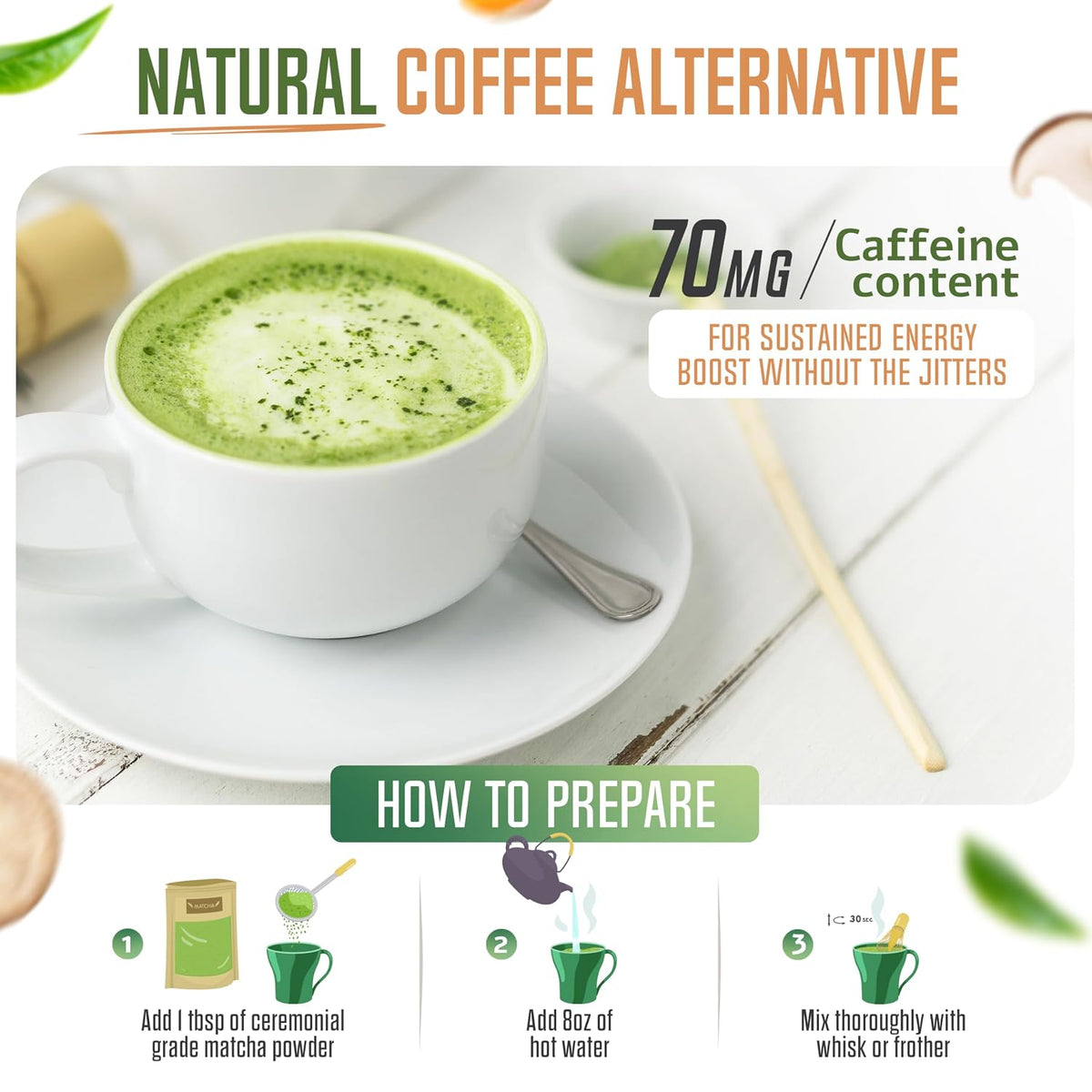 ReviTEAlize Mushroom Matcha Powder, Ceremonial Grade Matcha Powder 30 Svgs