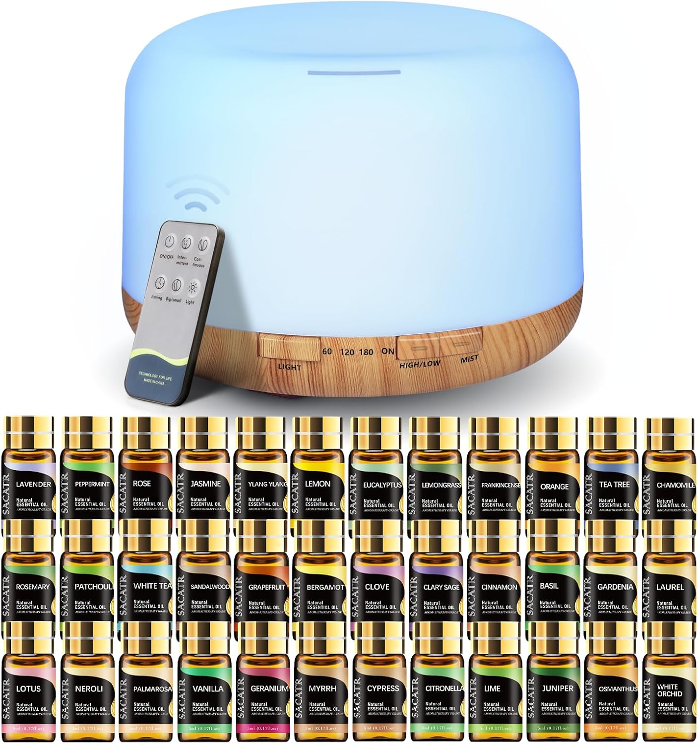 SACATR 550ml Oil Diffuser with 30x5 mL Essential Oils, Ultrasonic Technology, Remote Control for Home Office