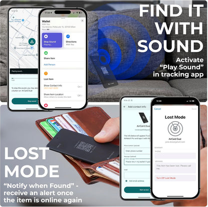 Rolling Square AirCard Dual - Bluetooth Wallet Tracker - Compatibile with Both Apple iOS Find My and Google Android Find Hub – Wireless Charging, Anti-Loss Card – Smart Locator, Black
