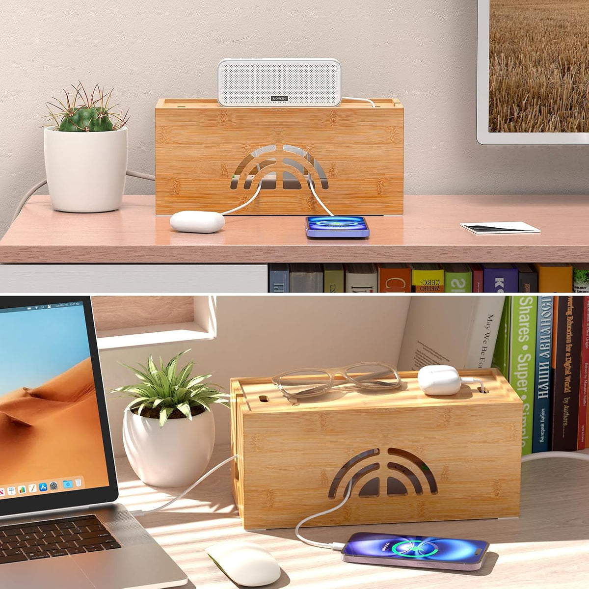 Pezin & Hulin Bamboo Cable Management Box, Power Strip Organizer, Medium