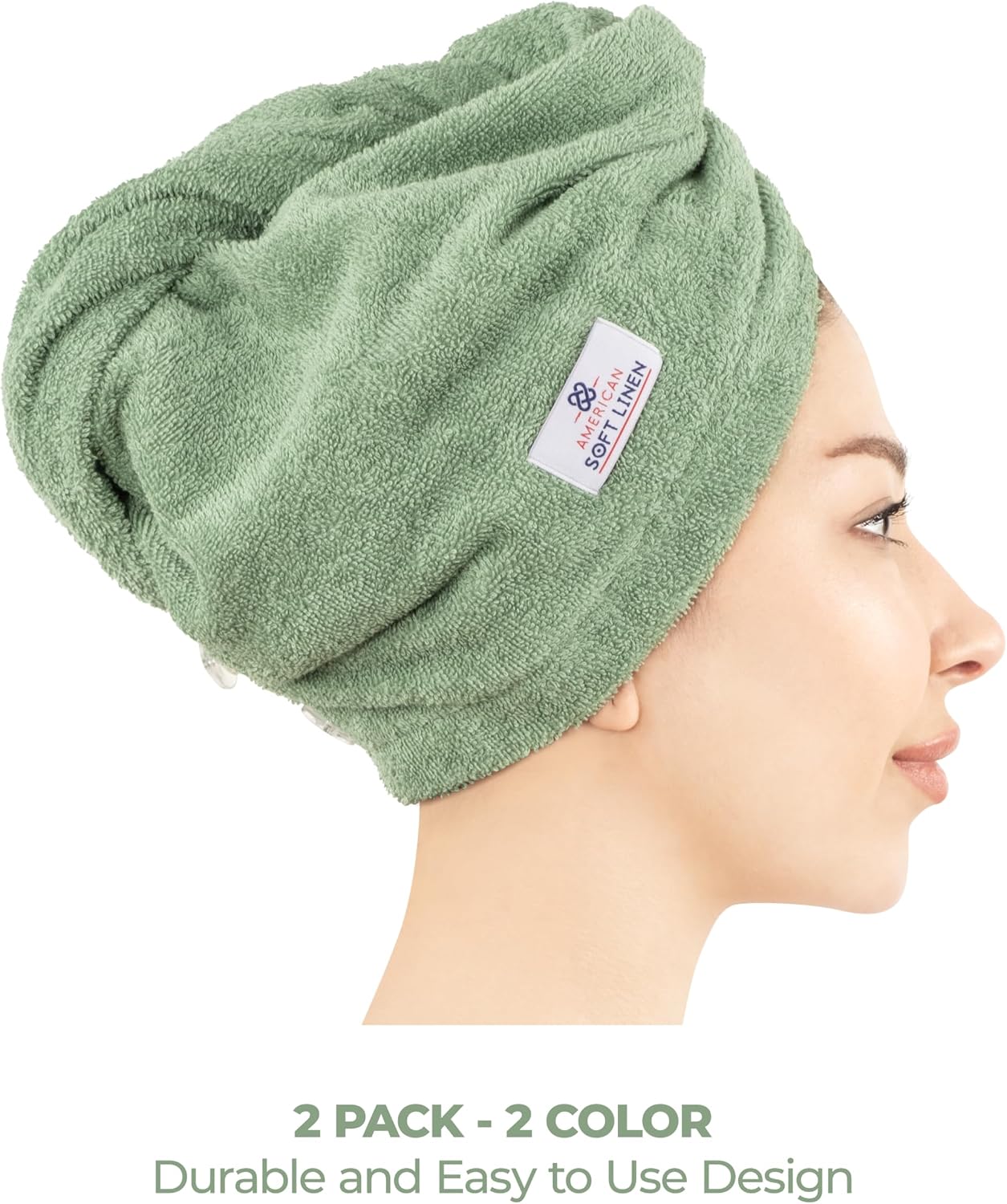American Soft Linen 100% Cotton Hair Towels for Women, Head Towel Cap, Cotton Hair Turban Towel Wrap for Long Curly Anti Frizz Hair, Soft and Absorbent Cotton Hair Towels 2 Pack, White
