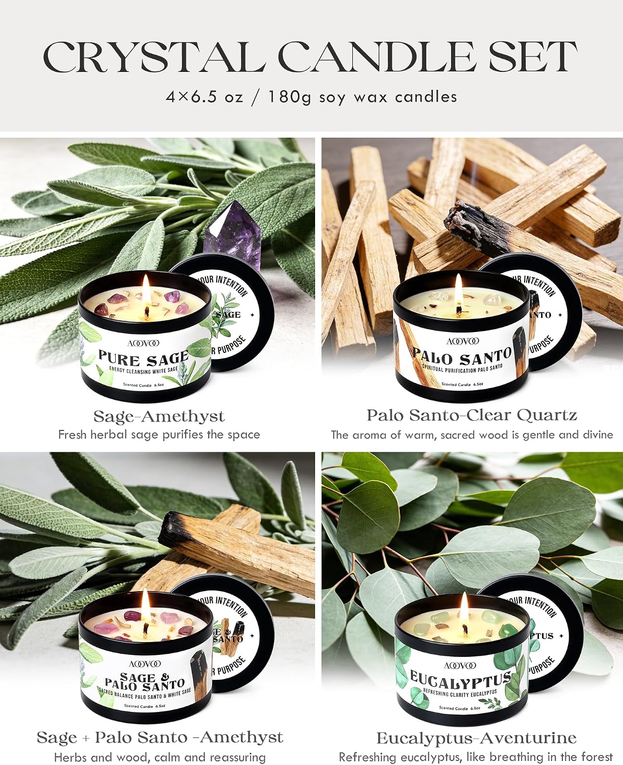 AOOVOO Sage Candle for Cleansing - 3 Wick 12oz Large Scented Candle with Crystals & Sage Leaves Inside, Soy Candles Non Toxic for Meditation Spiritual Gift, Aromatherapy Candle for Women Men