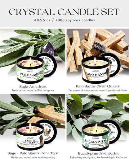 AOOVOO Sage Candle for Cleansing - 3 Wick 12oz Large Scented Candle with Crystals & Sage Leaves Inside, Soy Candles Non Toxic for Meditation Spiritual Gift, Aromatherapy Candle for Women Men